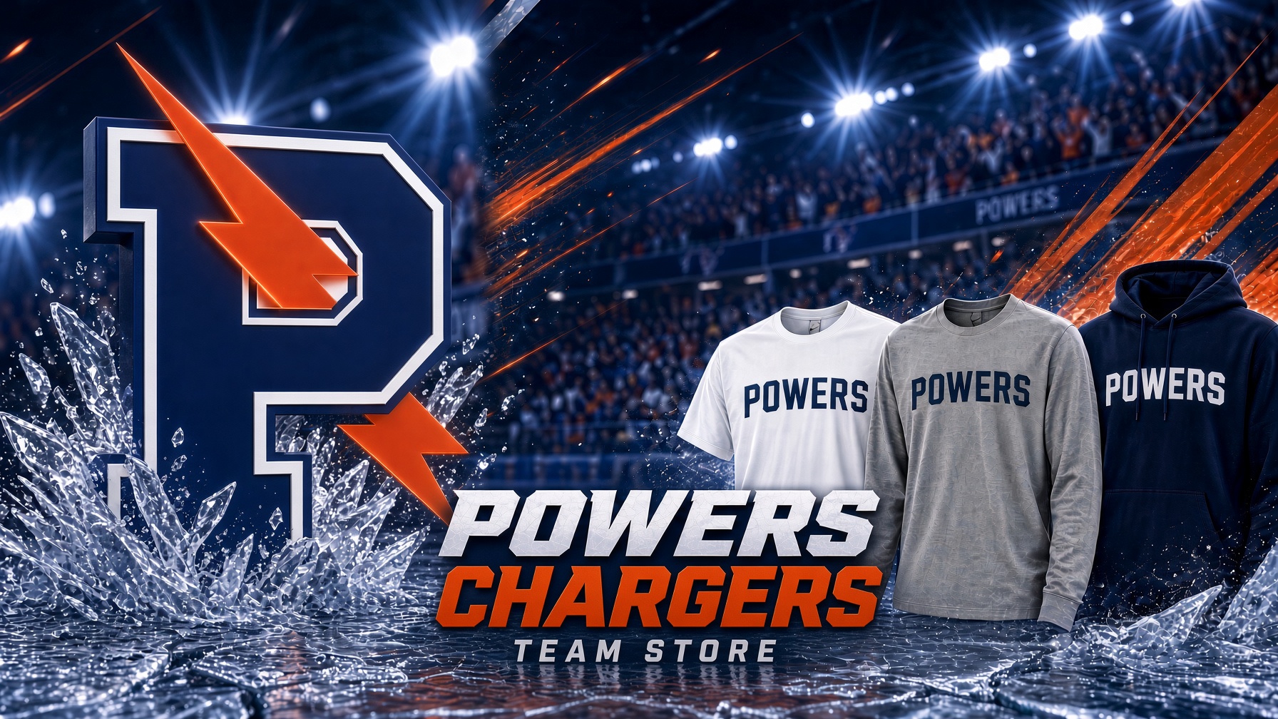 Powers Catholic Chargers team store banner with the P logo, stadium lights, and navy and orange spirit gear.